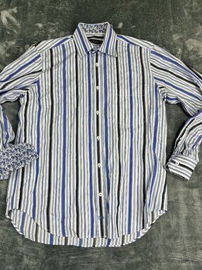 Bugatchi Uomo Mens Blue Striped Long Sleeve Button-Up Shirt Floral Cuffs M